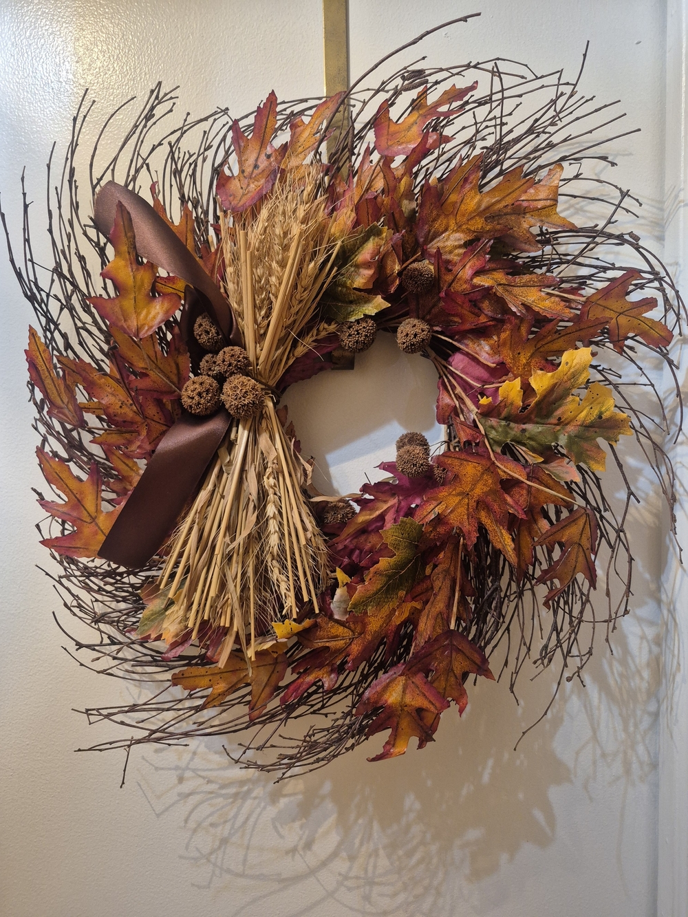 Autumn Oak Leaf & Wheat Harvest Wreath - Brown and Orange